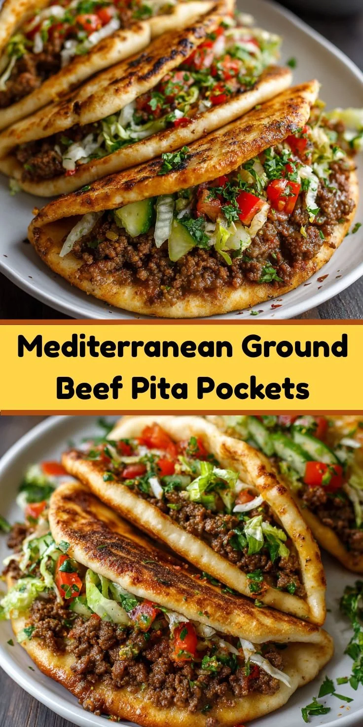Mediterranean beef pita pockets filled with ground beef and fresh vegetables