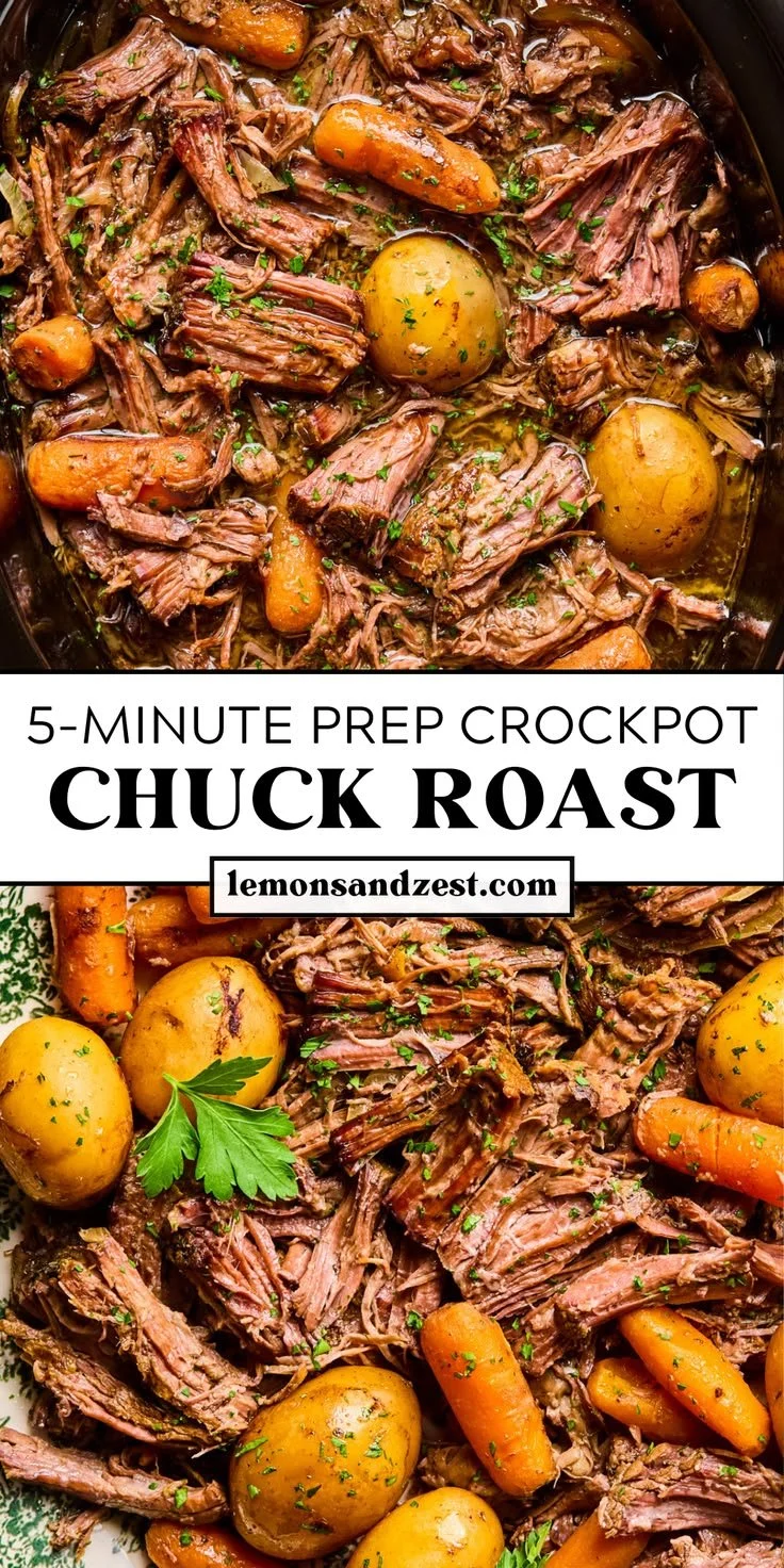 5-Minute Prep Crockpot Pot Roast cooked with vegetables and herbs