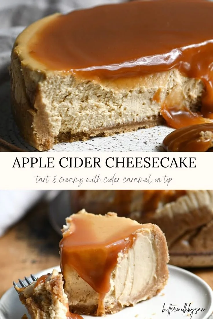 Slice of apple cider cheesecake with caramel drizzle and cinnamon topping
