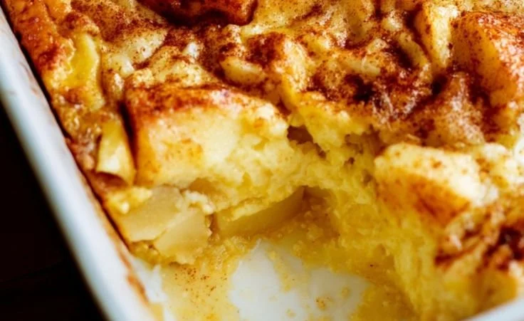 Apple Cinnamon Cottage Cheese Bake with cinnamon and apples in a baking dish