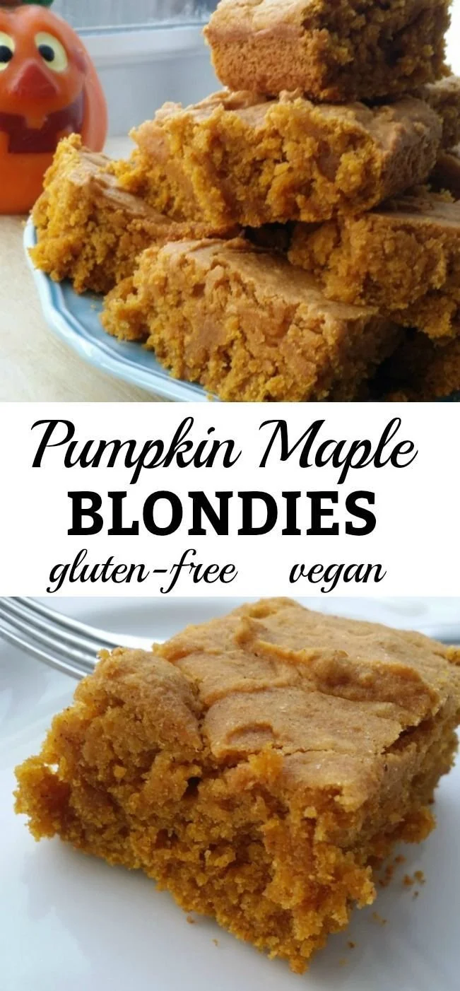 Vegan gluten-free pumpkin maple blondies served on a rustic wooden plate