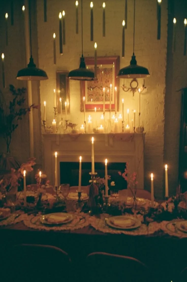 autumnal dinner party setup with seasonal decor and delicious dishes