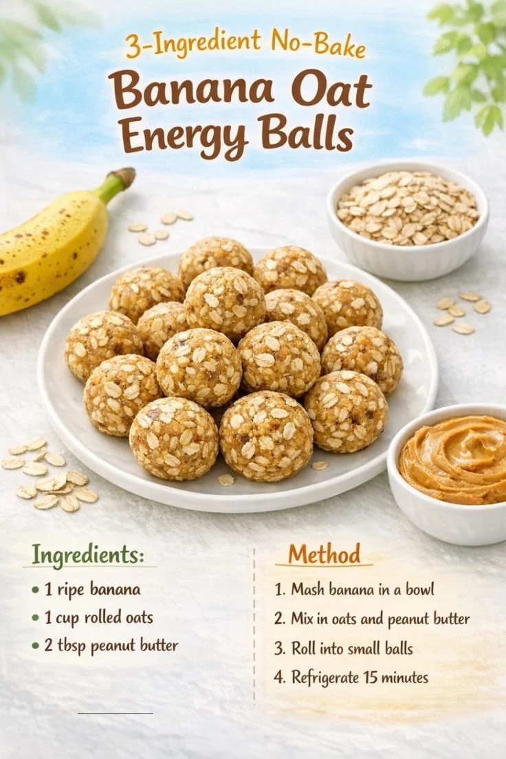 Homemade banana oat energy balls stacked on a wooden table