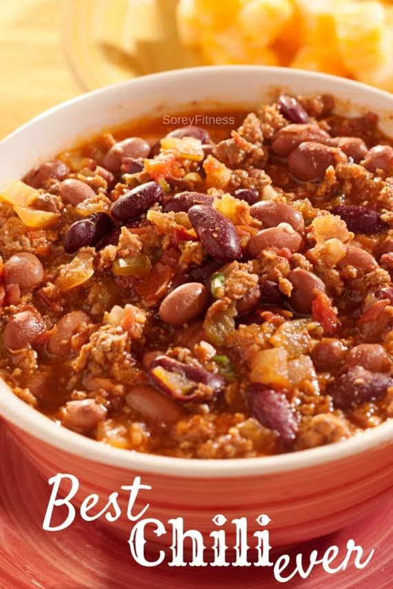 Bowl of Grandma's best chili recipe with ground sirloin and beans