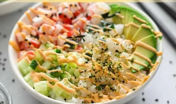 California Roll Sushi Bowl with fresh ingredients and vibrant colors