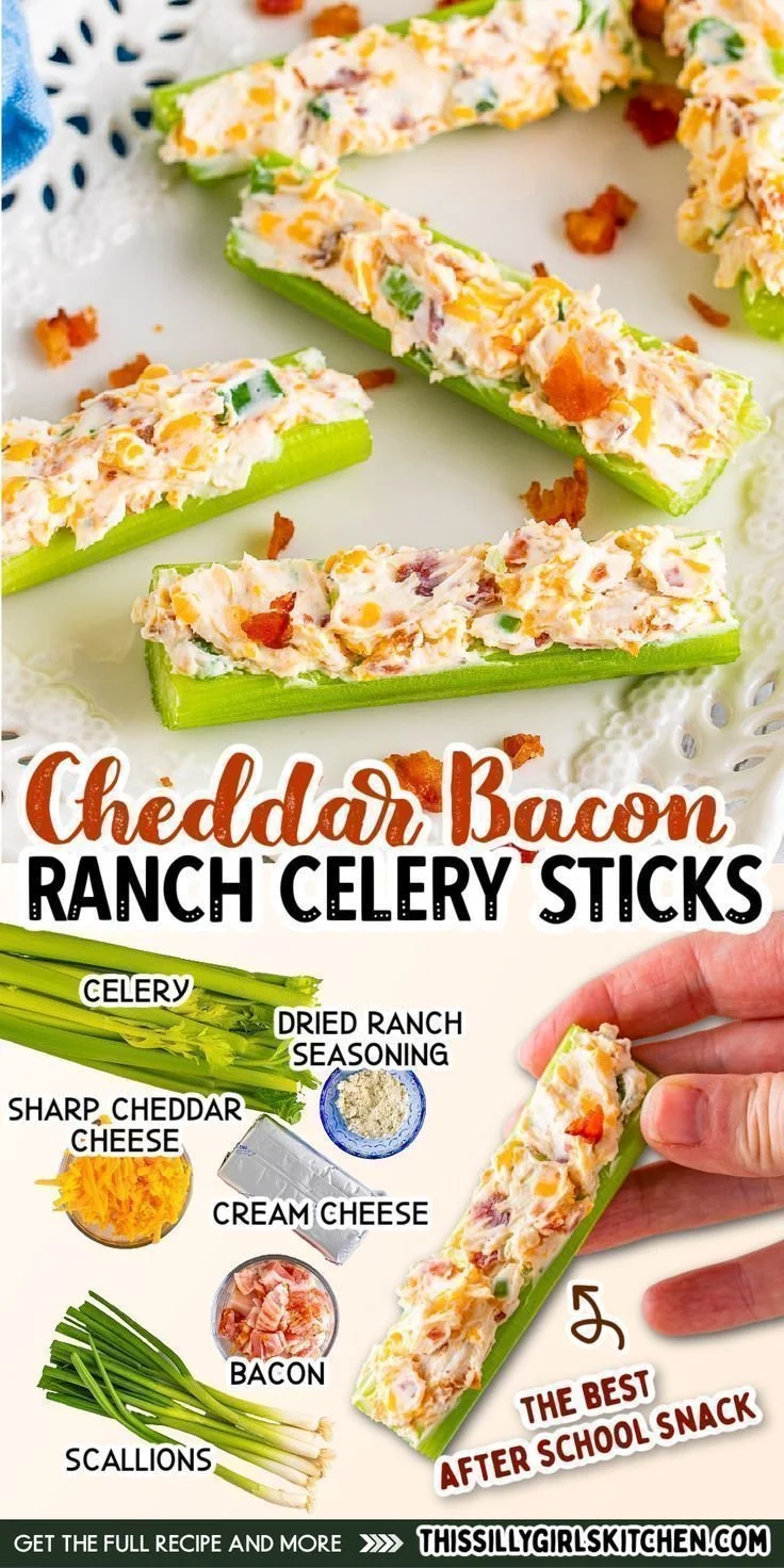 Cheddar bacon ranch stuffed celery sticks arranged on a platter