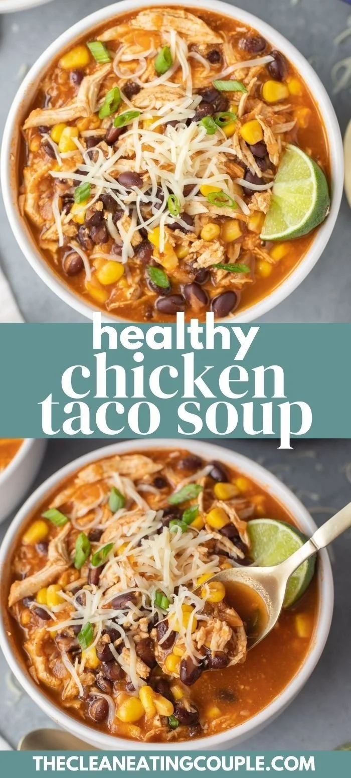 Bowl of flavorful Chicken Taco Soup topped with cheese and cilantro