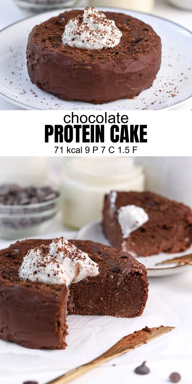 Delicious chocolate protein cake topped with chocolate drizzle and berries