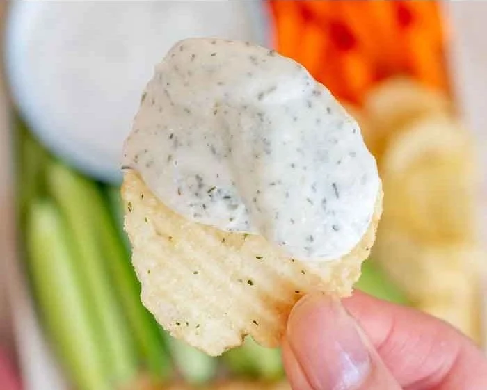Cottage Cheese Ranch Dip served in a bowl with fresh vegetables and crackers