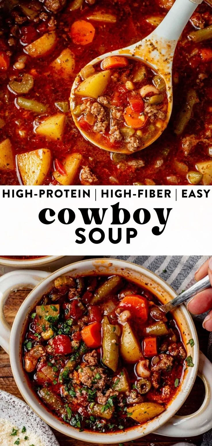 A bowl of hearty Cowboy Soup with vegetables and meat.