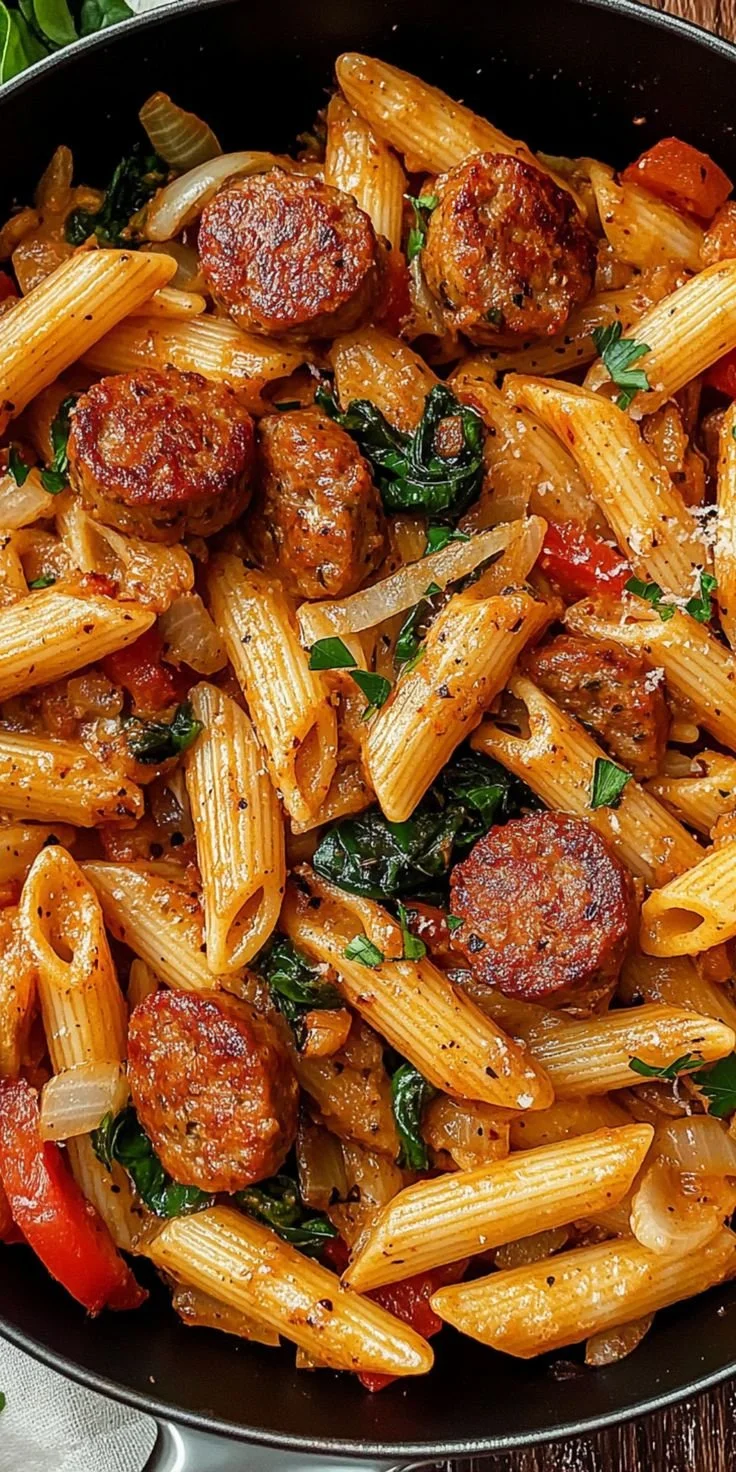 Creamy Cajun Sausage Pasta cooked in one pot, garnished and ready to serve.
