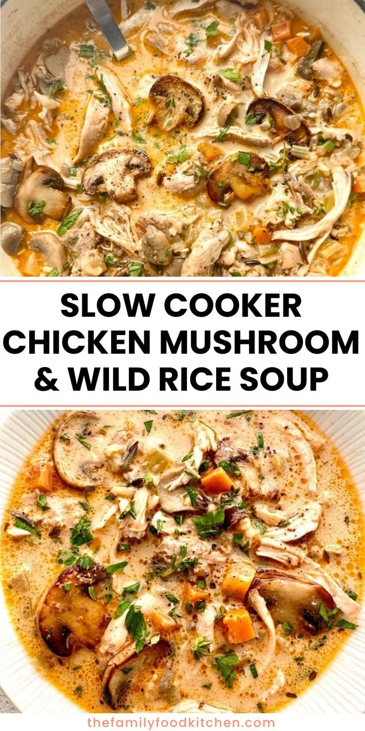 Creamy chicken wild rice soup in a slow cooker, perfect for fall meals.