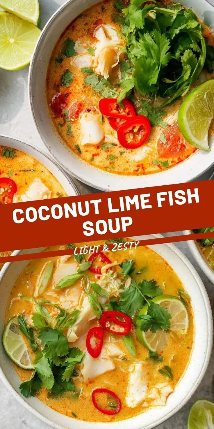 Creamy coconut lime fish soup garnished with fresh herbs in a bowl