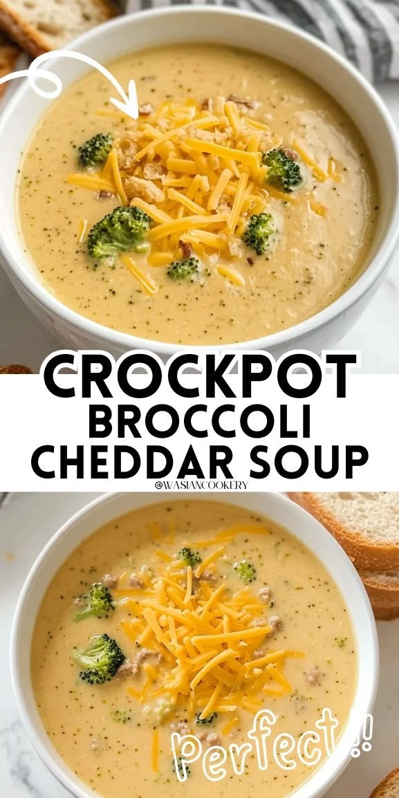 Bowl of creamy crockpot broccoli cheddar soup garnished with fresh herbs