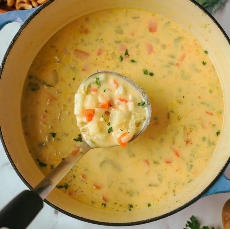 Creamy vegan carrot potato soup in a bowl garnished with herbs.