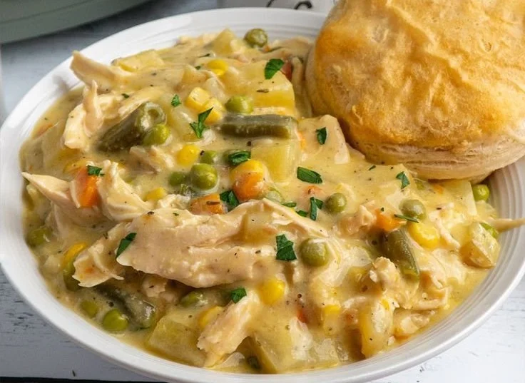 A delicious Crock Pot Chicken Pot Pie filled with chicken and vegetables