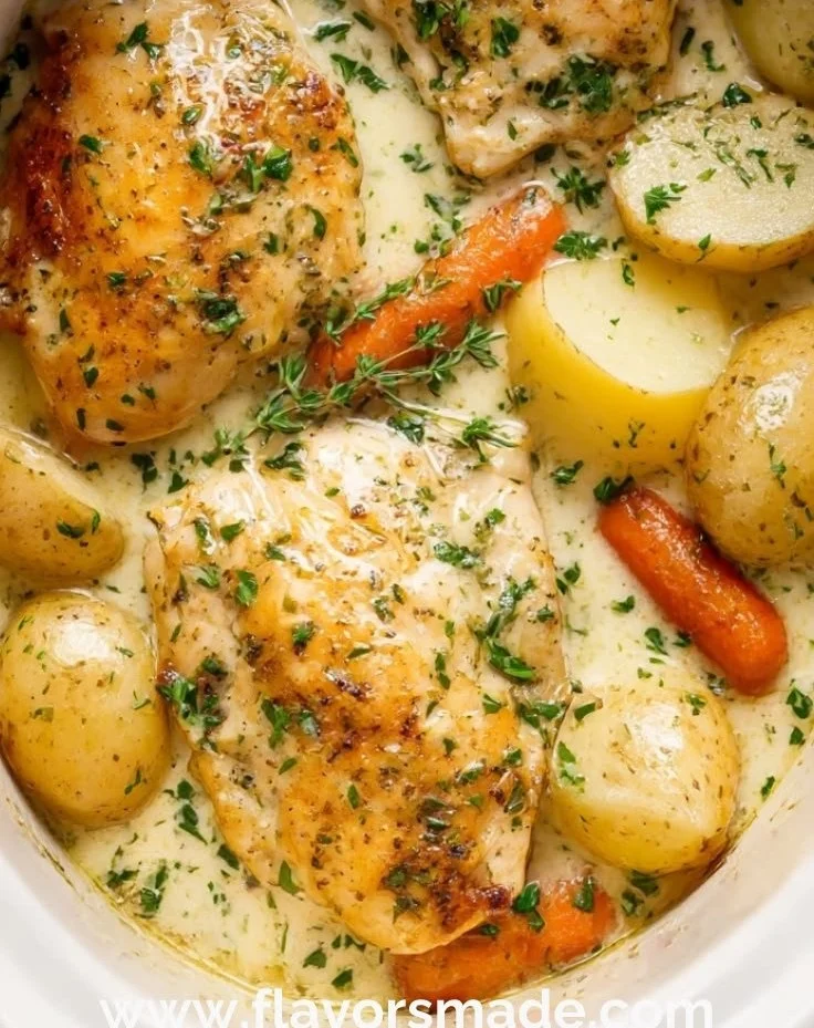 Delicious Crockpot garlic butter chicken garnished with herbs