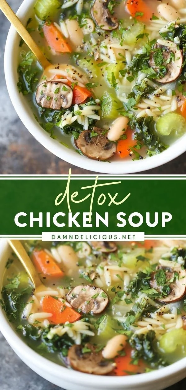 Delicious bowl of detox chicken soup with fresh ingredients and herbs
