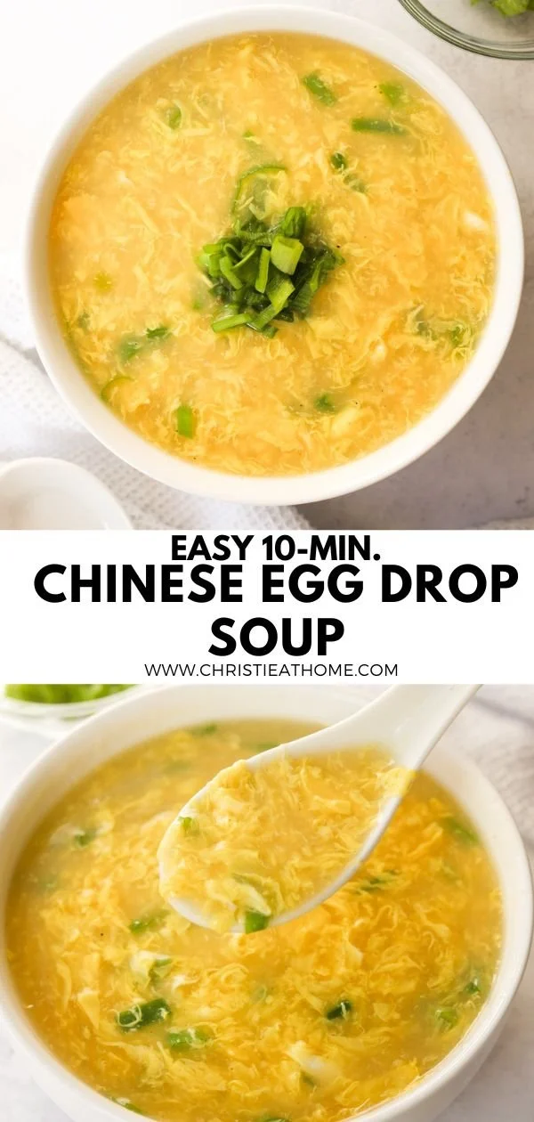 Bowl of easy 10-minute egg drop soup garnished with green onions