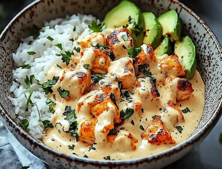 Delicious coconut chicken rice bowl topped with fresh herbs and vegetables