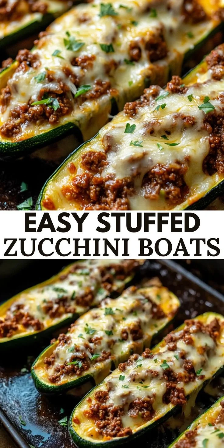 Delicious ground beef zucchini boats topped with cheese, ready in 35 minutes.