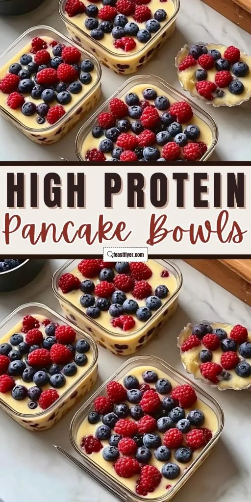 Delicious high protein pancake bowl topped with fresh fruit and syrup