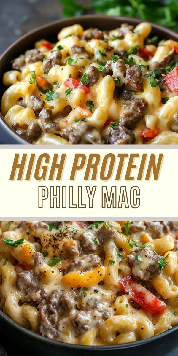 Delicious Easy High-Protein Philly Cheesesteak Mac dish served in a bowl.