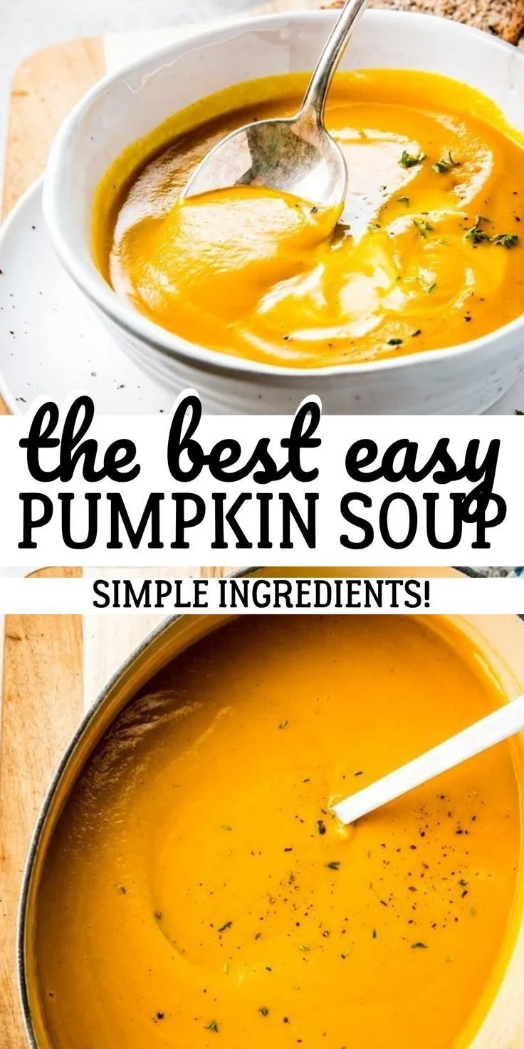 Bowl of easy pumpkin soup garnished with herbs, showcasing creamy texture.