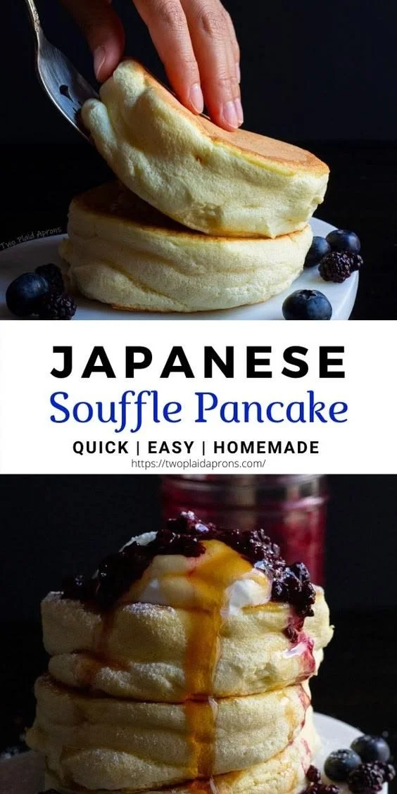 Fluffy Japanese soufflé pancakes served with syrup and fresh fruit
