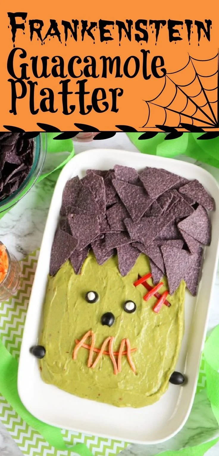 Halloween-themed Frankenstein Guacamole platter served in a festive arrangement
