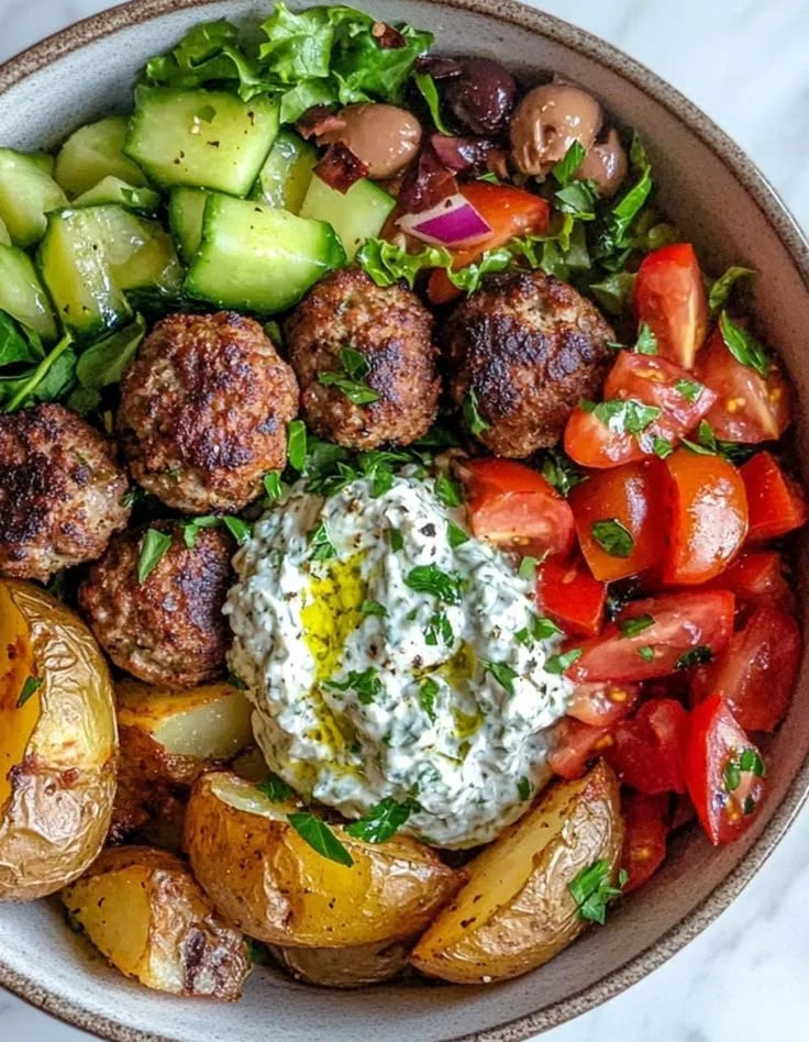 Greek Meatball Bowl topped with fresh vegetables and herbs