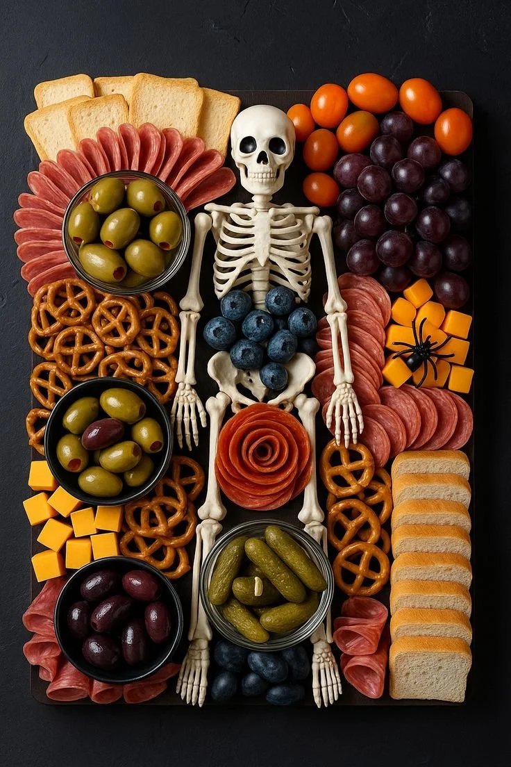 Halloween Skeleton Snack Board featuring spooky treats for festive parties