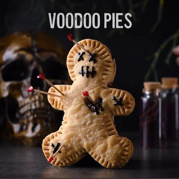 Halloween voodoo doll pies decorated for spooky celebrations