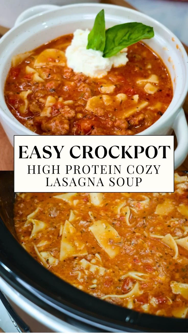 Healthy crockpot lasagna soup in a bowl with toppings