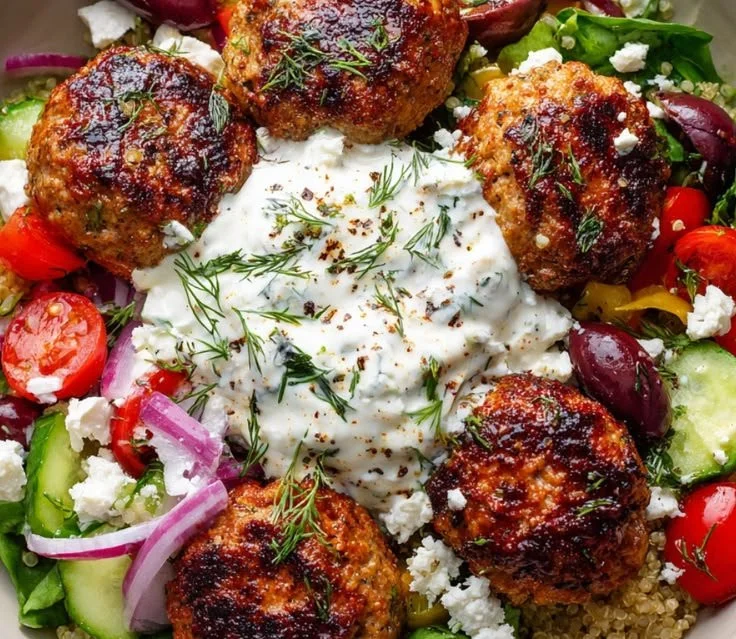 Healthy Greek Turkey Meatball Bowls with fresh ingredients in a meal prep container