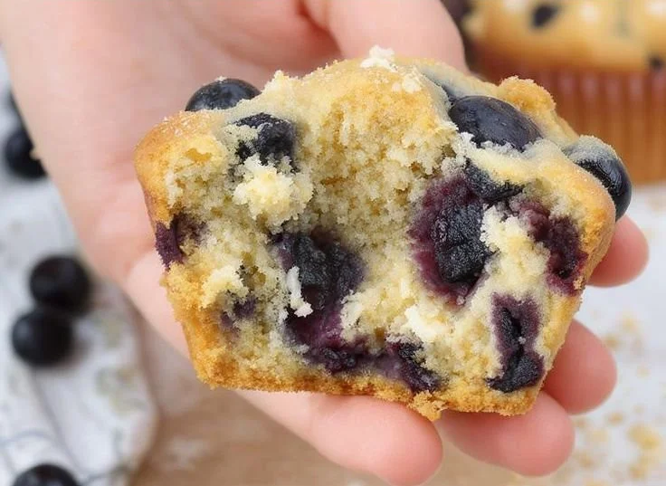 High-protein blueberry cottage cheese muffins on a wooden table