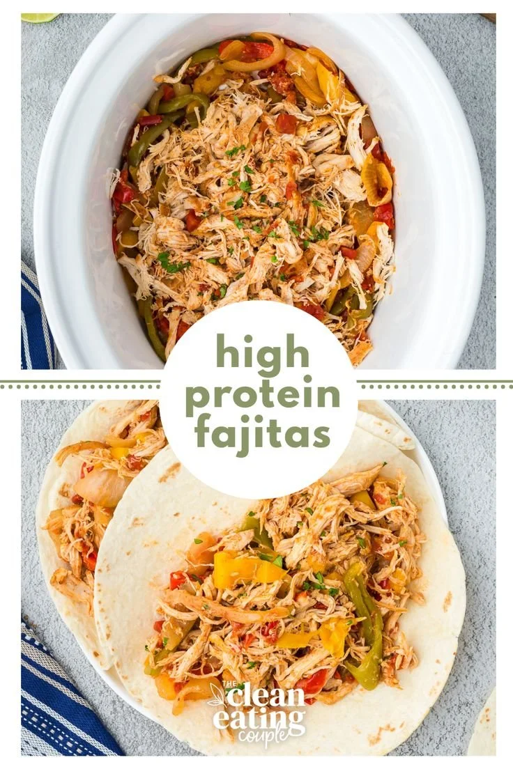 High protein chicken fajitas served with colorful bell peppers and onions.