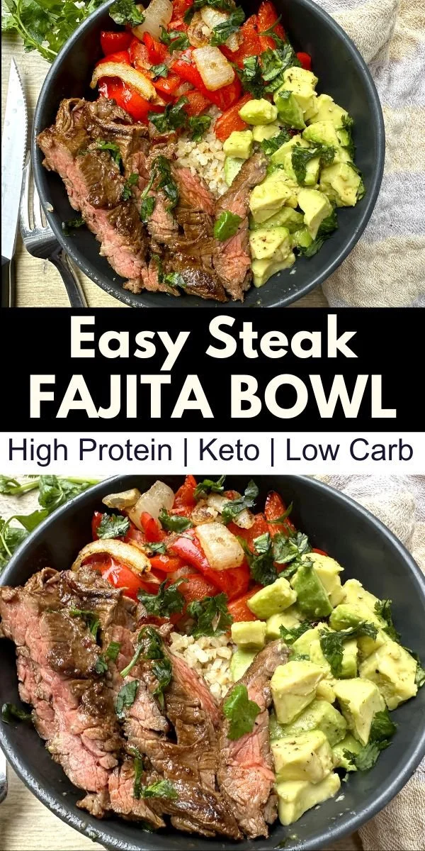 High protein low carb steak fajita bowl topped with fresh vegetables.
