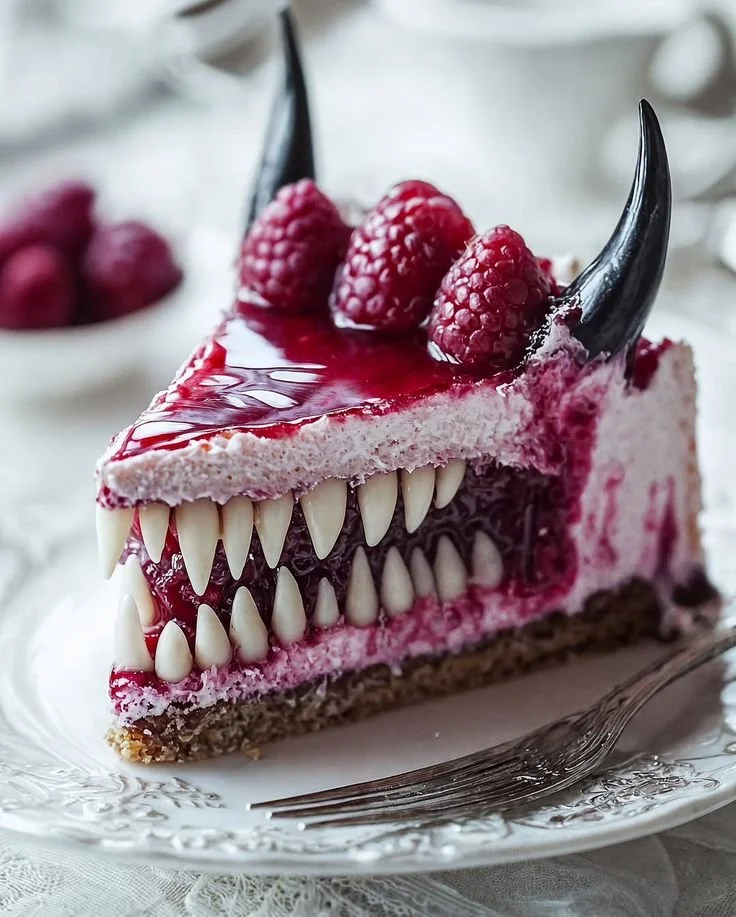 A spooky Horror Cake Slice decorated with eerie designs and scary toppings