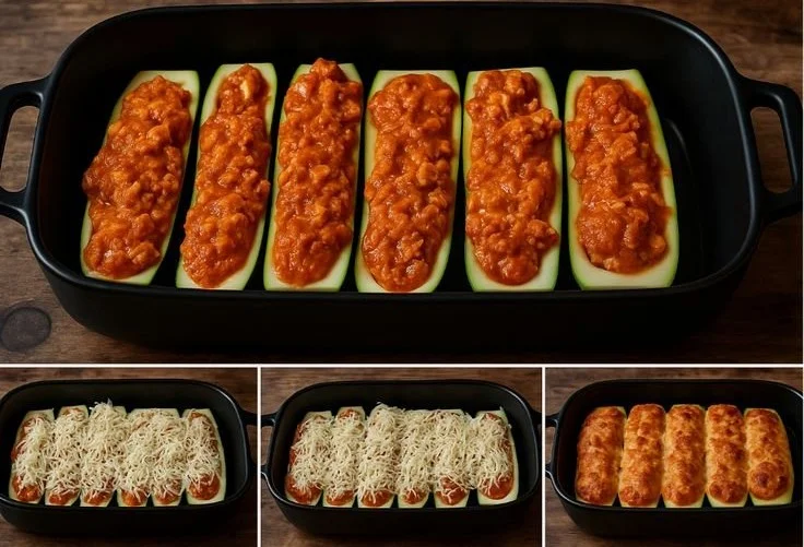 Keto Chicken Parmesan Zucchini Boats topped with cheese and herbs