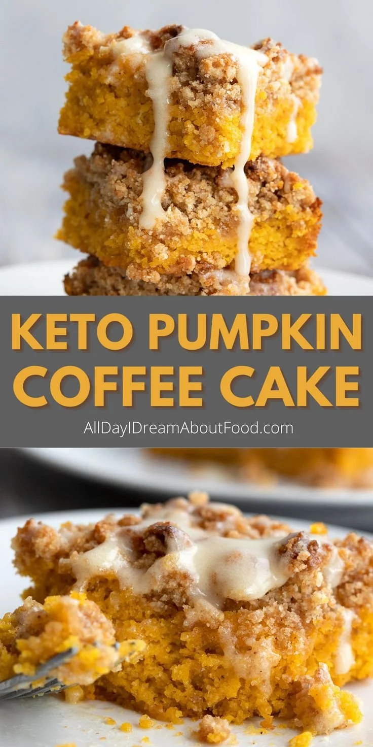 Deliciously moist Keto Pumpkin Coffee Cake topped with spices and pumpkin seeds