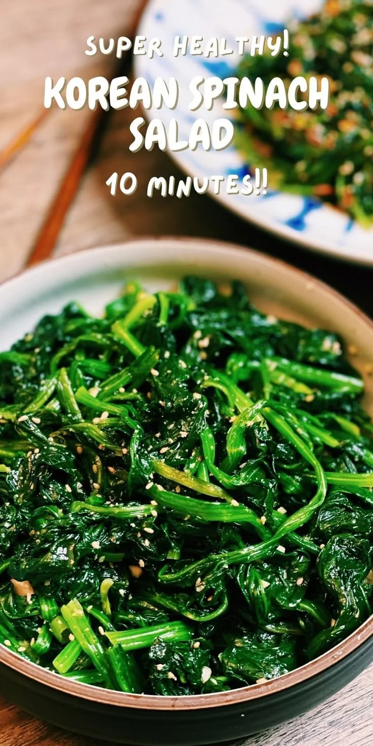 Two variations of Korean Spinach Salad with fresh ingredients on a plate.