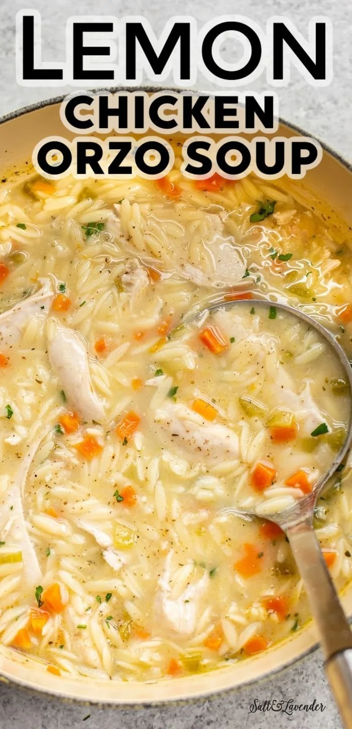 Bowl of Lemon Chicken Orzo Soup garnished with parsley