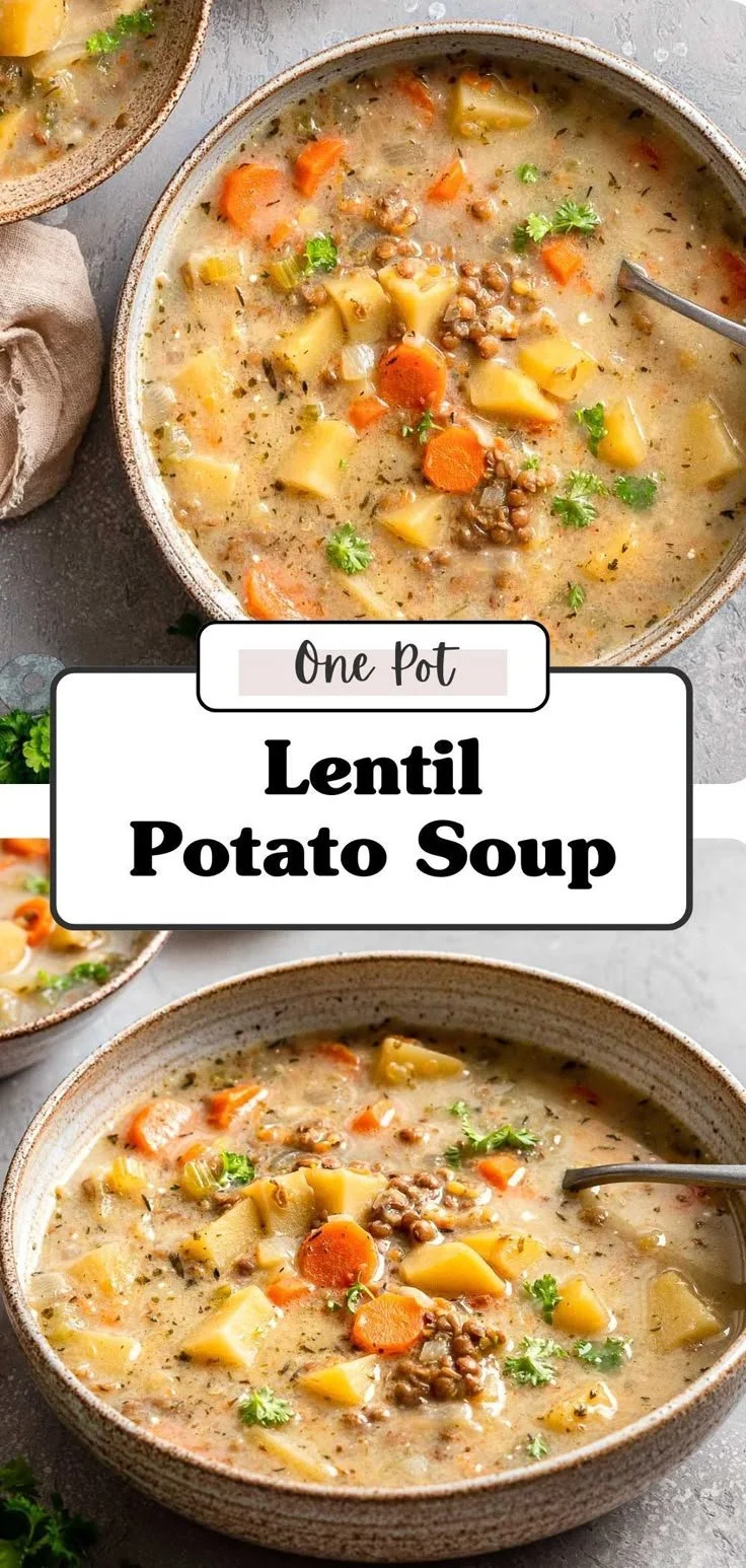 Bowl of homemade lentil potato soup garnished with herbs at Wholefood Soulfood Kitchen