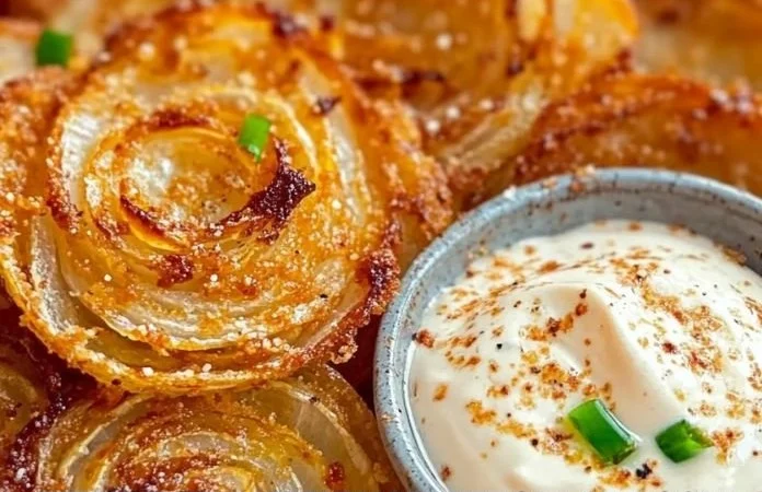 Low-carb baked onion rings served on a plate, crispy and healthy snack option.