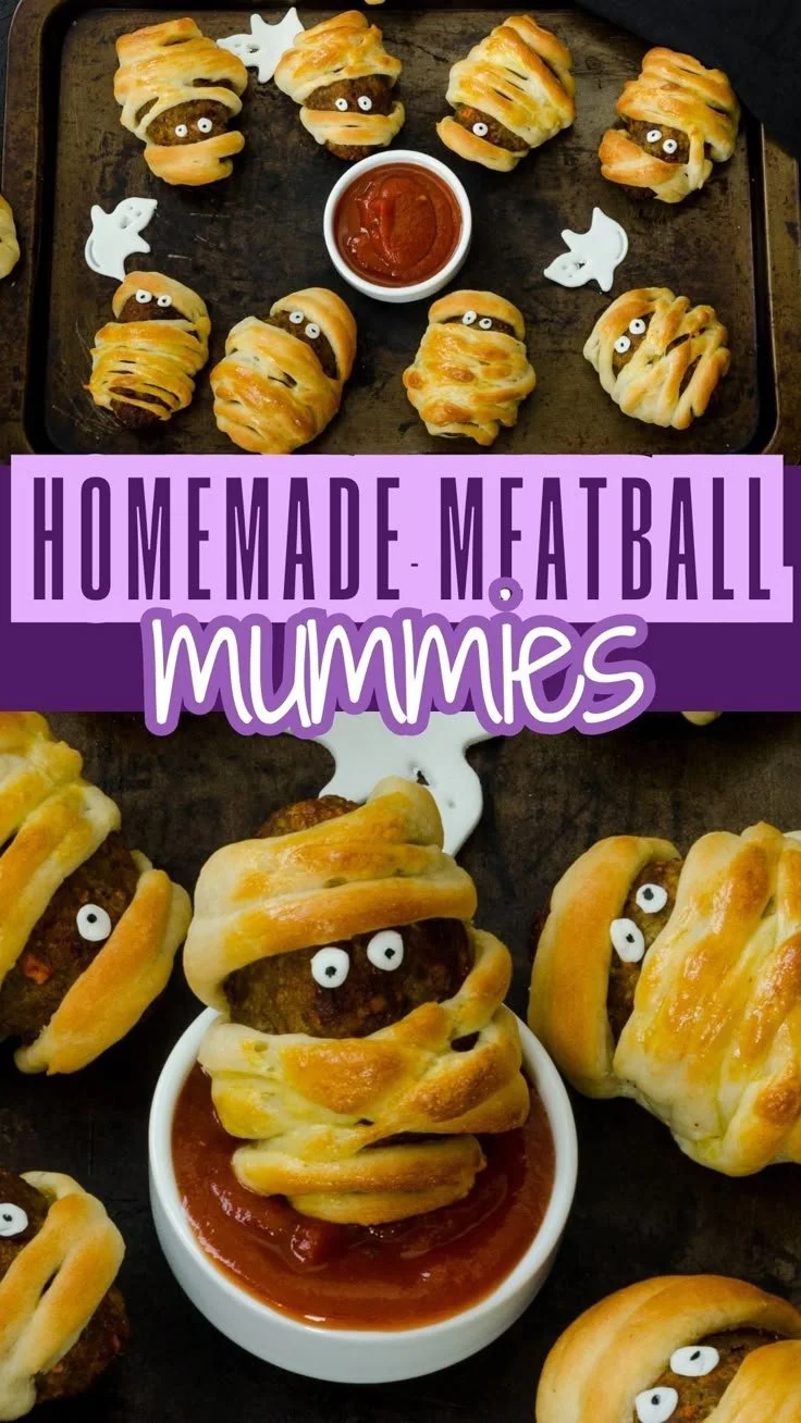 Spooky Mummy Meatloaf Balls served on a Halloween-themed platter.