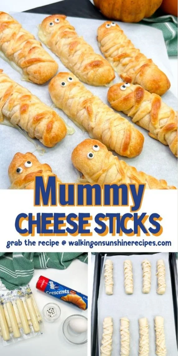 Plate of spooky Mummy Mozzarella Sticks for Halloween