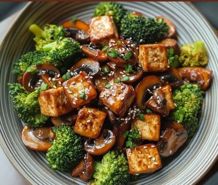 Colorful Mushroom Tofu Stir-Fry served in a bowl with fresh vegetables