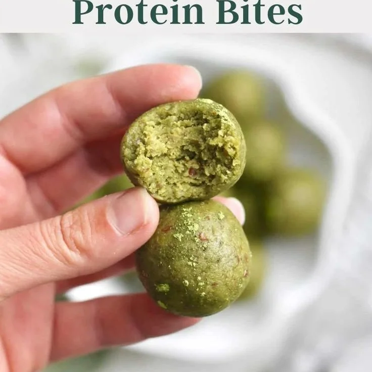 No bake matcha cookie dough energy bites on a plate