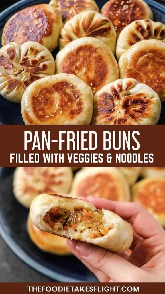 Delicious pan-fried cabbage and noodle buns served on a plate